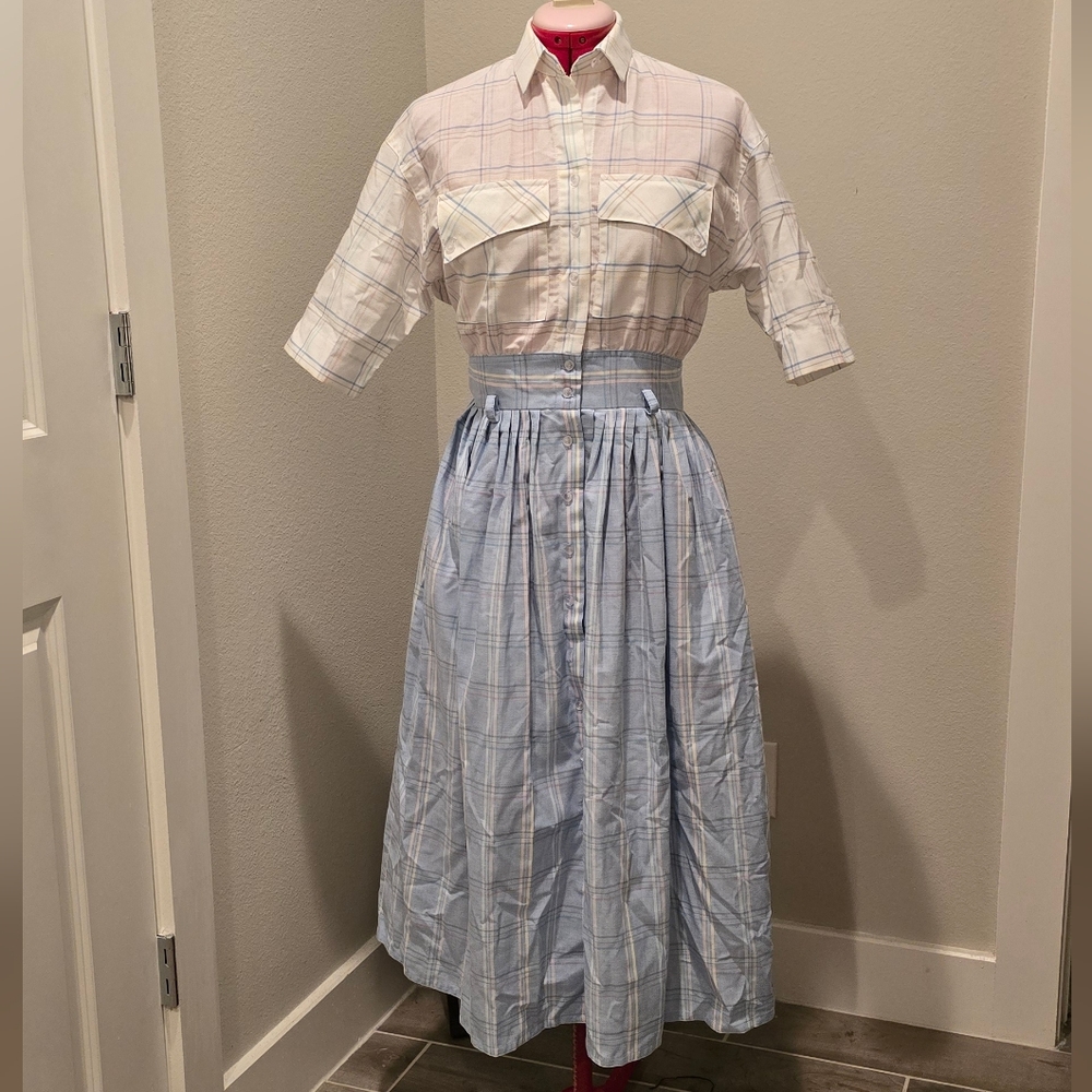 California Girl By Dorothy Samuel Blue and White Plaid Midi 60s/70s Dress